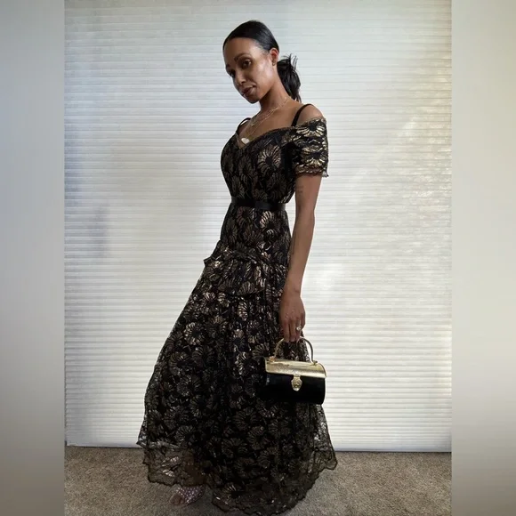 Vintage Saks Fifth Avenue “After Five” Gold & Black Lace Gown — Union Made - Picture 3 of 13